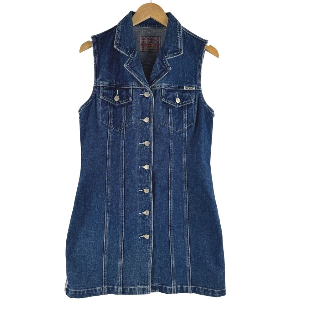 Revolt Vintage 90s Denim Mini Dress Dark Wash Button‎ Front Y2K L Stripe